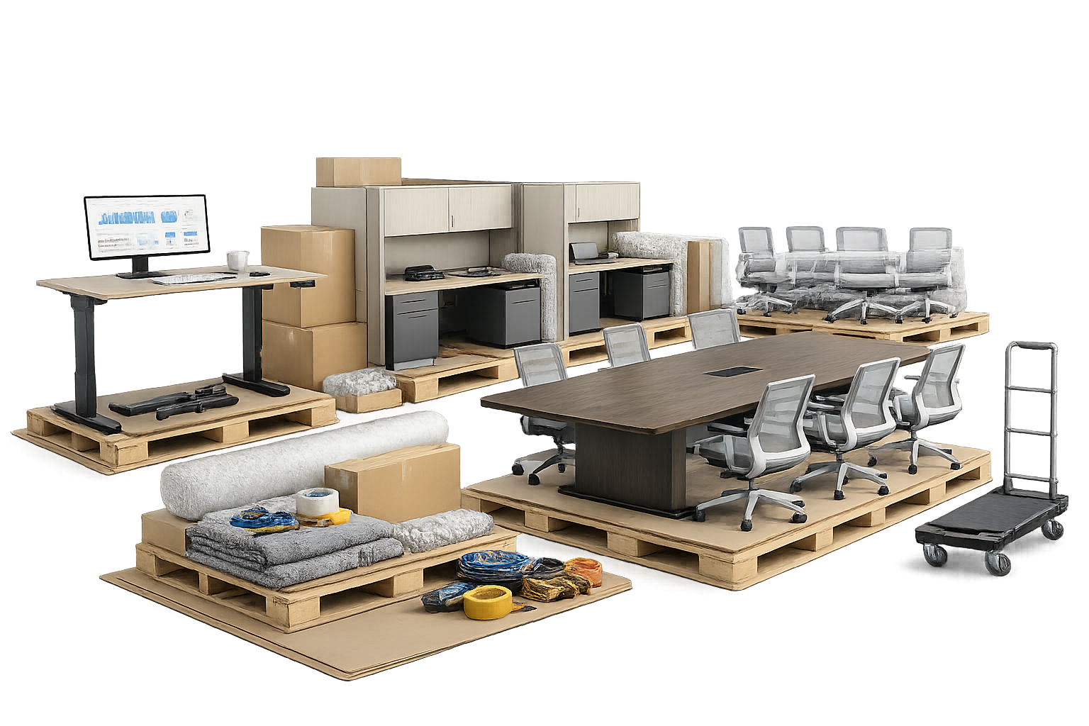Office furniture and equipment including desks, tables, chairs, and packing supplies.