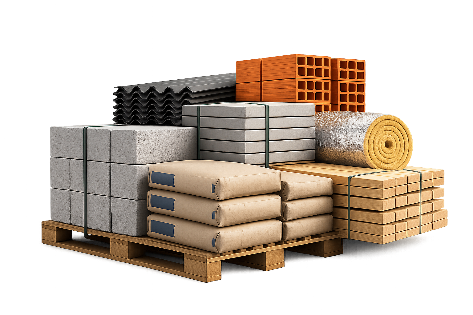 Palletized building materials including cement, bricks, and lumber.