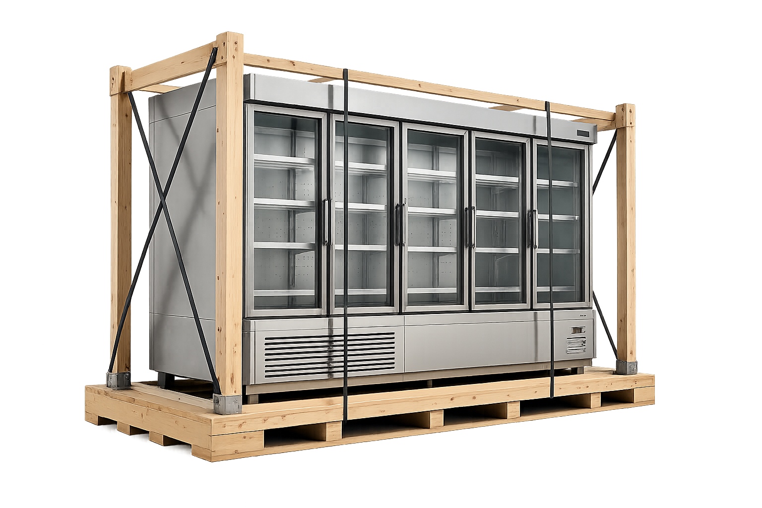 Commercial refrigerated equipment secured on a pallet for transport.
