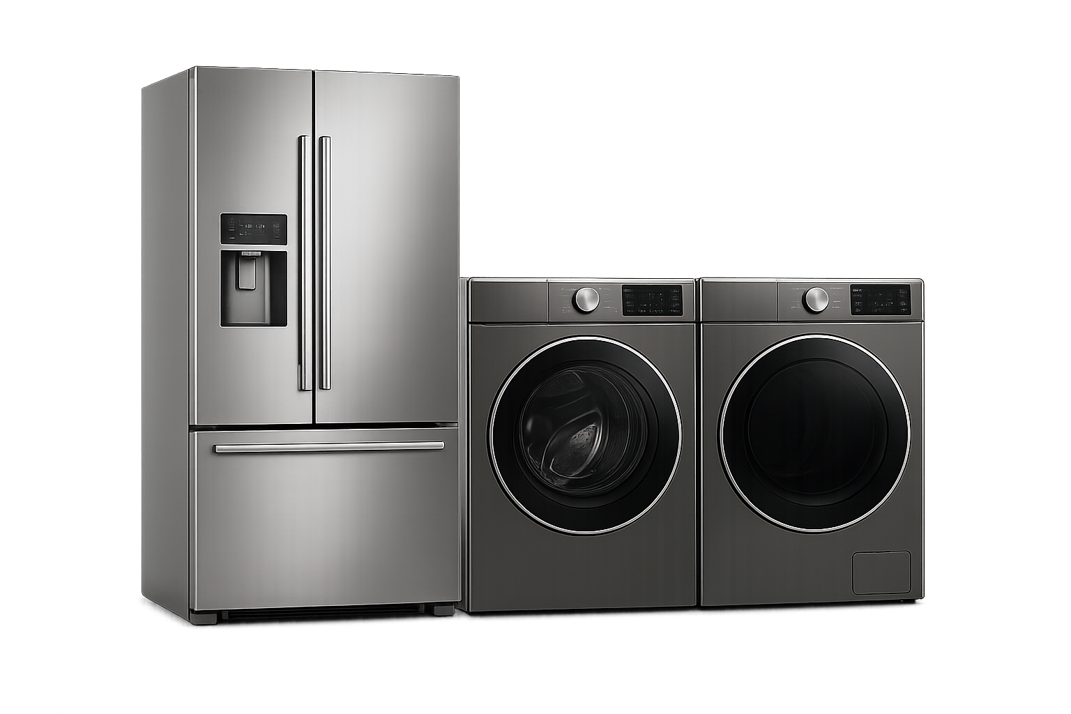 Large appliances including a refrigerator, washer, and dryer.