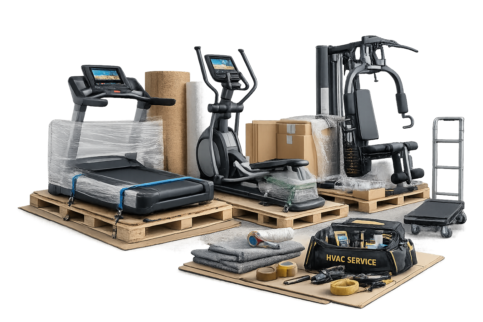Heavy sports equipment including treadmills and workout machines prepared for transport.