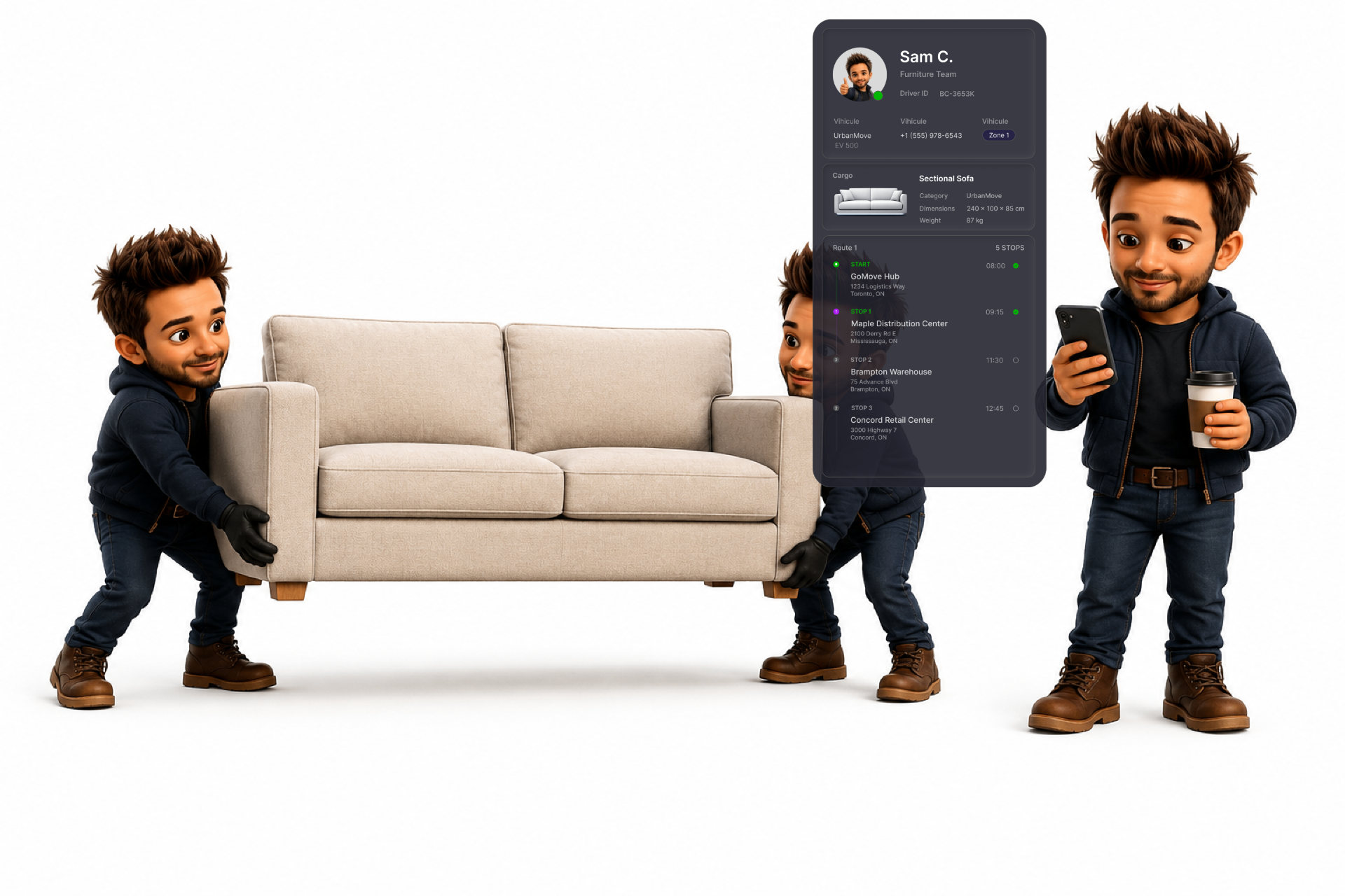 Two-person furniture crew with a live GoMove route on the phone